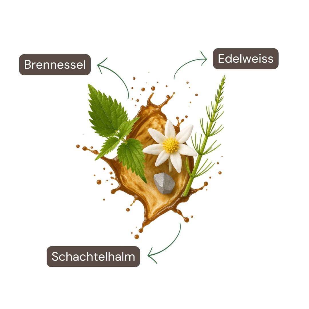 Inhaltsstoffe Jung Geblieben Spray: Brennnessel, Schachtelhalm (Zinnkraut), Edelweiss – antioxidativ & pflanzlich